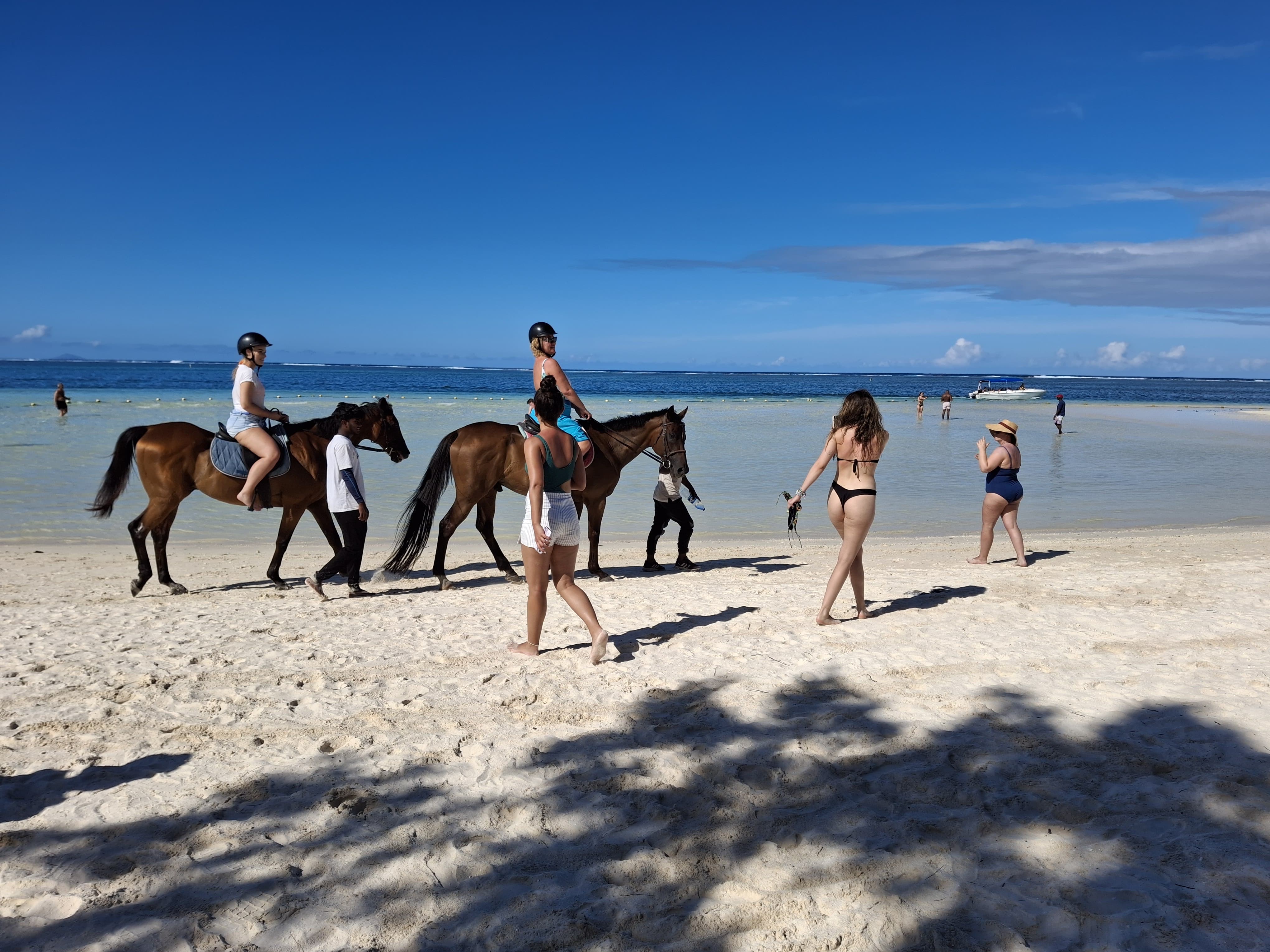 Two guests on a guided horseback ride along a sunny white-sand beach